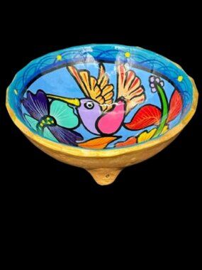 Mexican Talavera Pottery Hand Painted Hummingbird Footed Bowl Trinket Dish Salsa